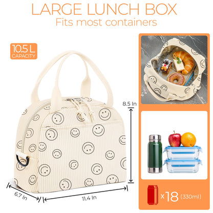 WOBAGMEN Lunch Box for Women,Smiley Lunch Bag Cute Corduroy Insulated Lunch Box With Shoulder Strap for Adult Womens for Work Picnic(smiley)