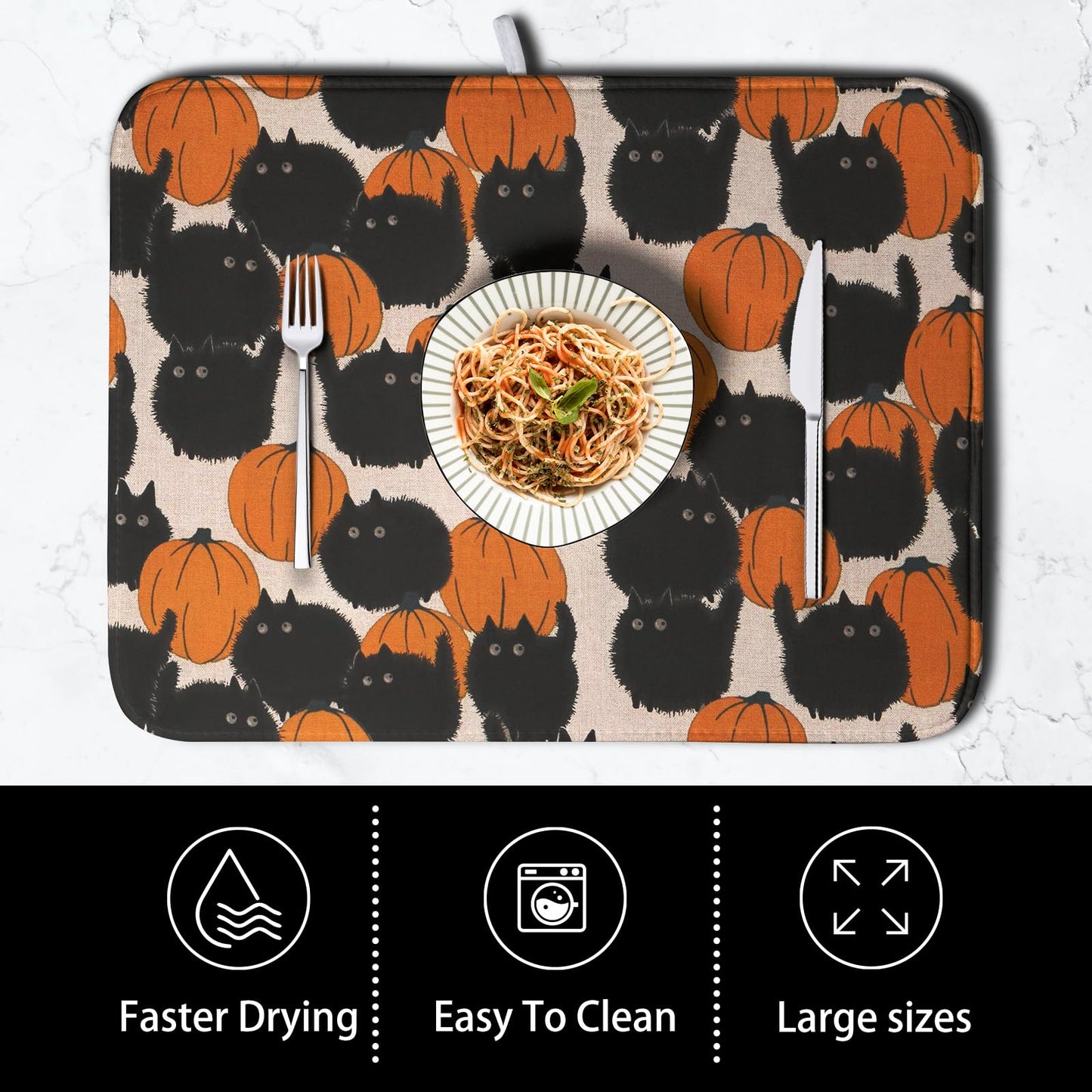 Happy Halloween Dish Drying Mat for Kitchen Counter 18x24 Inch Cute Pumpkin Black Cat Trick or Treat Drying Mats Large Microfiber Absorbent Dish Rack Pad for Coffee Bar Sinks Home Accessories