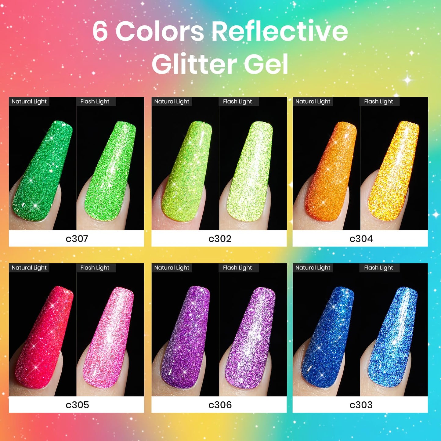 Beetles Glitter Gel Polish Set, 6 Colors Reflective Glitter Nail Polish Set Nails Gel Blue Hot Pink Purple Soak Off Uv Led Sparkly bright Colors Halloween Nail Polish Kit Gift for Women