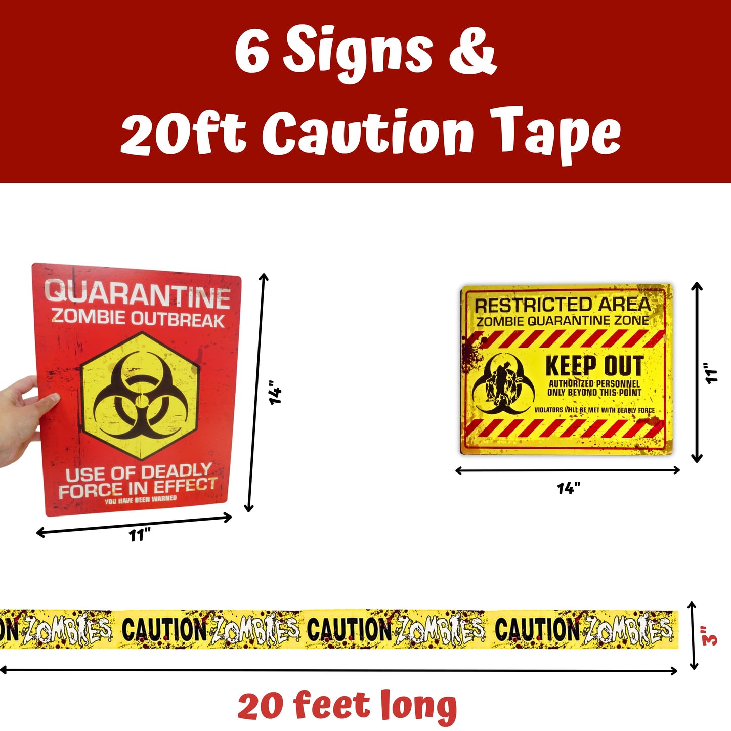 4E's Novelty 6 Warning Signs 11x14" with Caution Tape Roll 20 Feet - Halloween Zombie Party Decorations Halloween Indoor Outdoor Yard Signs Beware Danger Door Posters Haunted House Decor