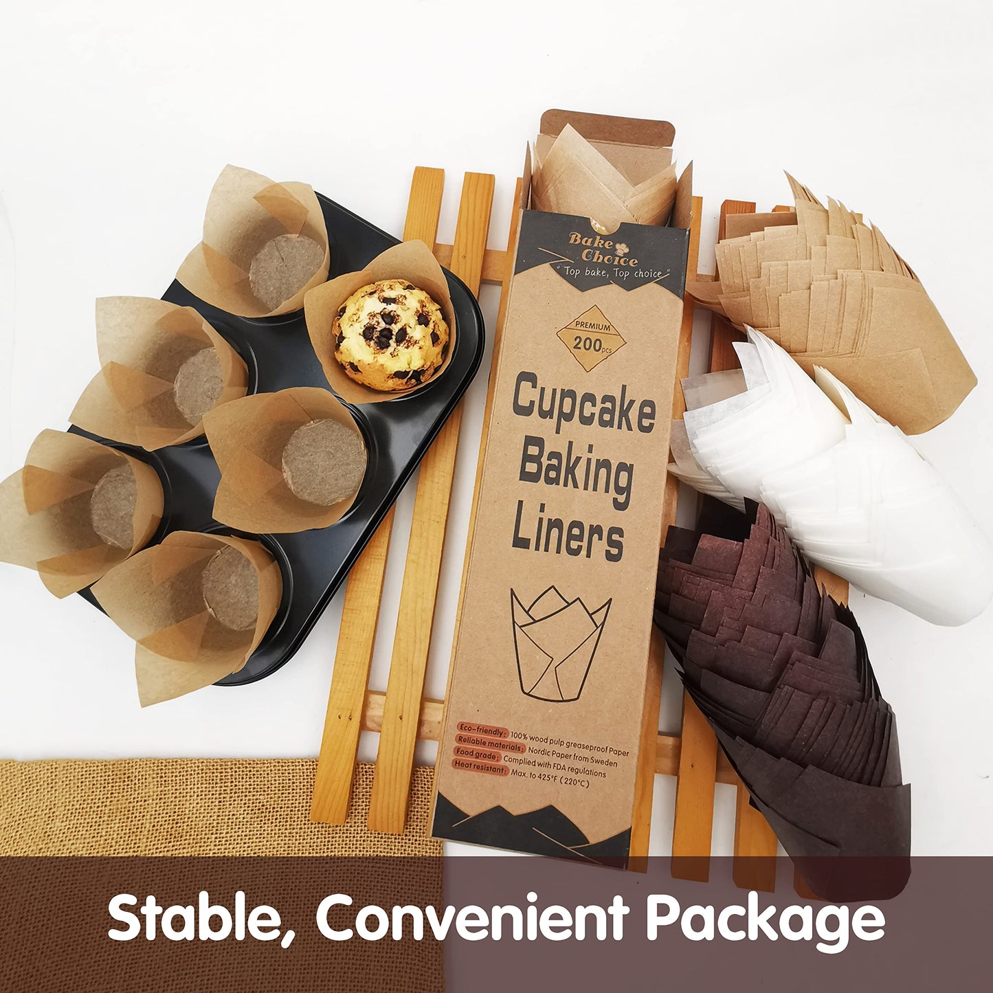 Bake Choice 200pcs Natural Tulip Cupcake Liners for Baking Cups Unbleached European Parchment paper Tulip Muffin Liners, Cupcake Wrapper for Party, Christmas