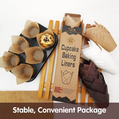 Bake Choice 200pcs Natural Tulip Cupcake Liners for Baking Cups Unbleached European Parchment paper Tulip Muffin Liners, Cupcake Wrapper for Party, Christmas