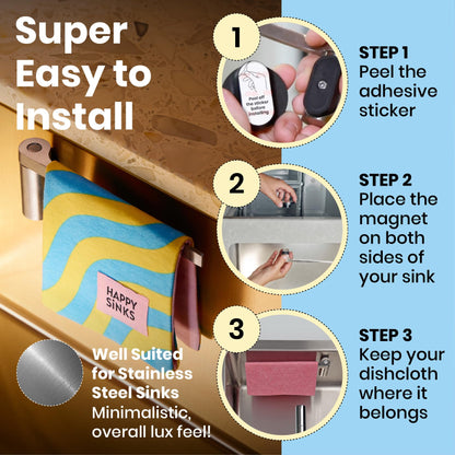 HAPPY SINKS Magnetic Dish Cloth Holder - Suitable for Metal Sinks - Strong Magnetic Backing - Sustainable Kitchen Solution - Wash Rag Hanger - (Steel)