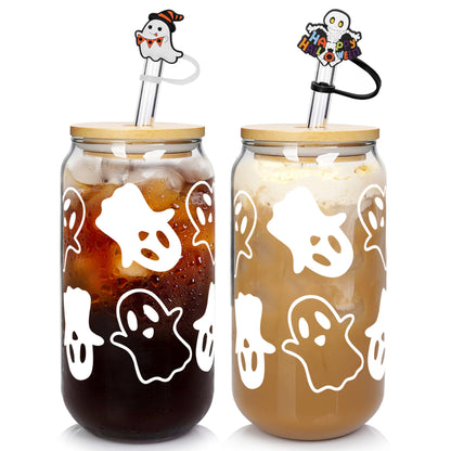 ANOTION Halloween Mugs - 18oz Halloween Ghost Decorations Glass Cups Tumbler for Iced Coffee, Glassware Cookie Jar Decor Gift Drinking Water Bottles