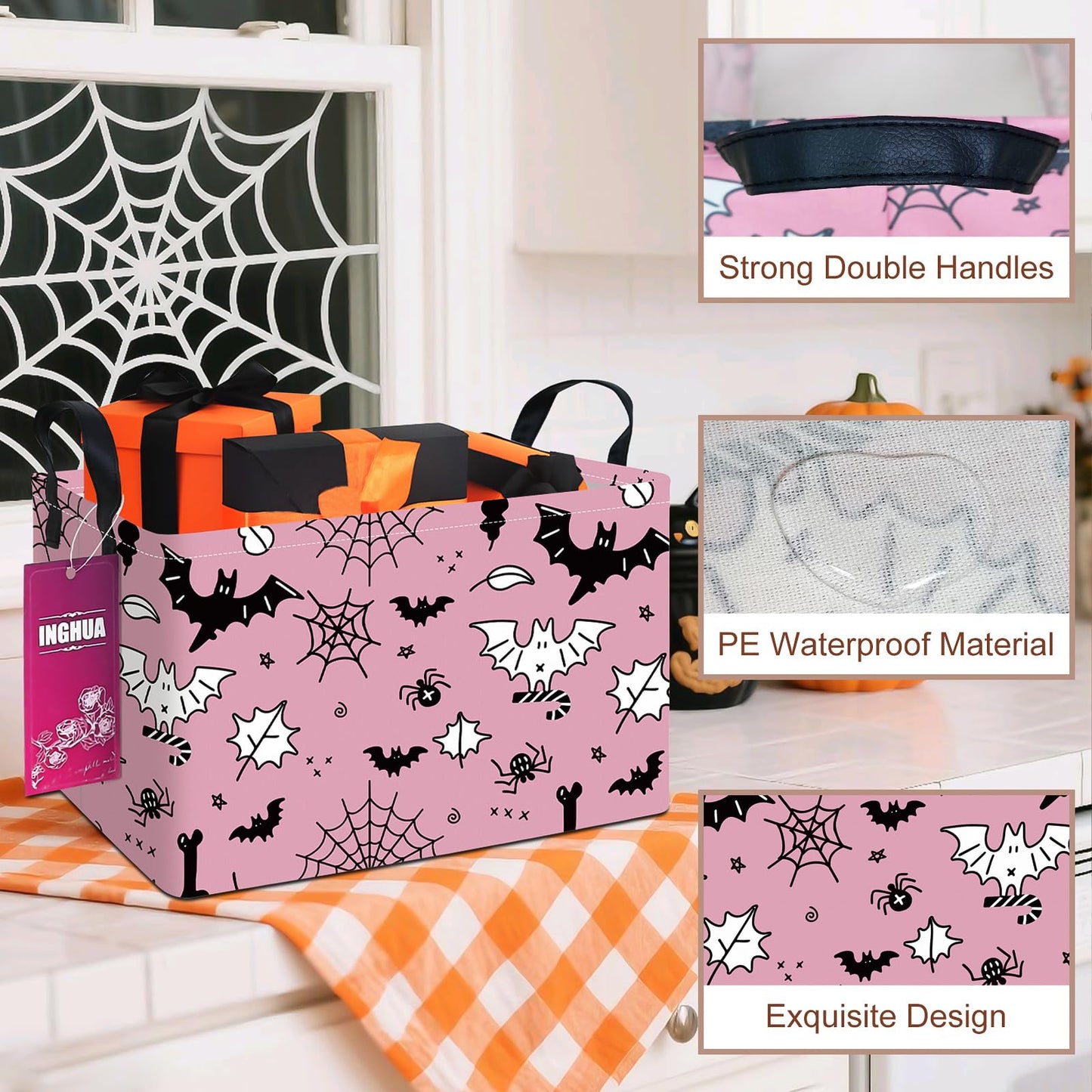 INGHUA Rectangular Halloween Storage Basket Fabric Organizer Bin for Toys,Books,Clothes,Gifts,Pets-Perfect for Home,Office,Nursery,Dorm,Shelf(Rec-Bats )