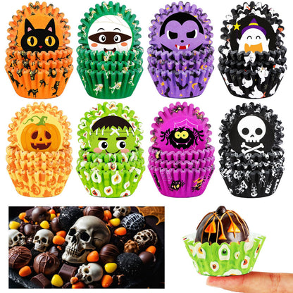 AUGSUN 800pcs Halloween Mini Cupcake Liners Paper Cups Ghost Pumpkin Spider Mini Muffin Liners for Halloween Party Candy Cupcake Decorations Supplies(8 Designs)