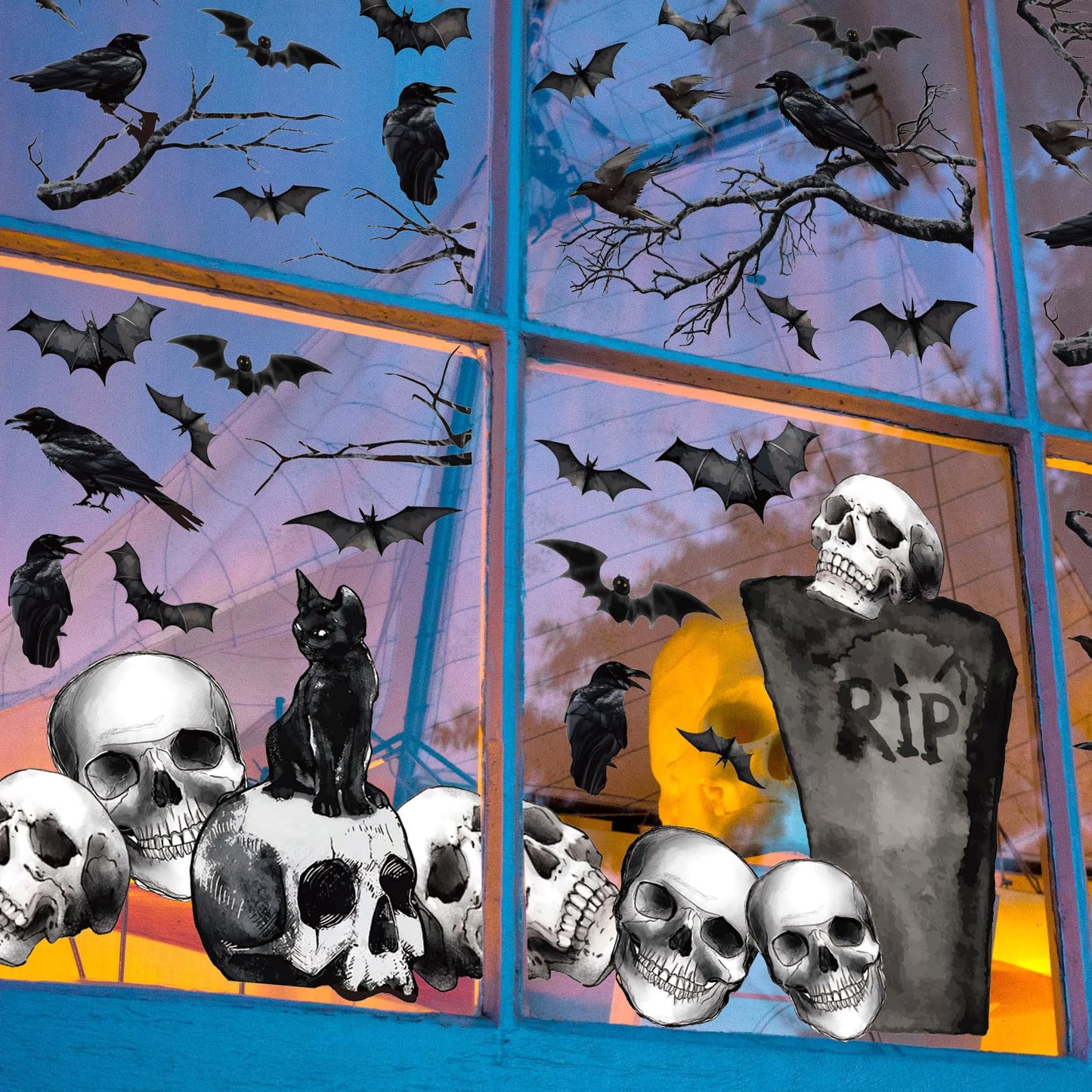 Whaline 6 Sheets Halloween Window Clings Graveyard Black Crow Bat Skull Reusable Window Decals for Gothic Party House Office School Home Glass Decor