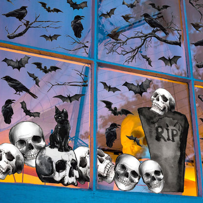 Whaline 6 Sheets Halloween Window Clings Graveyard Black Crow Bat Skull Reusable Window Decals for Gothic Party House Office School Home Glass Decor