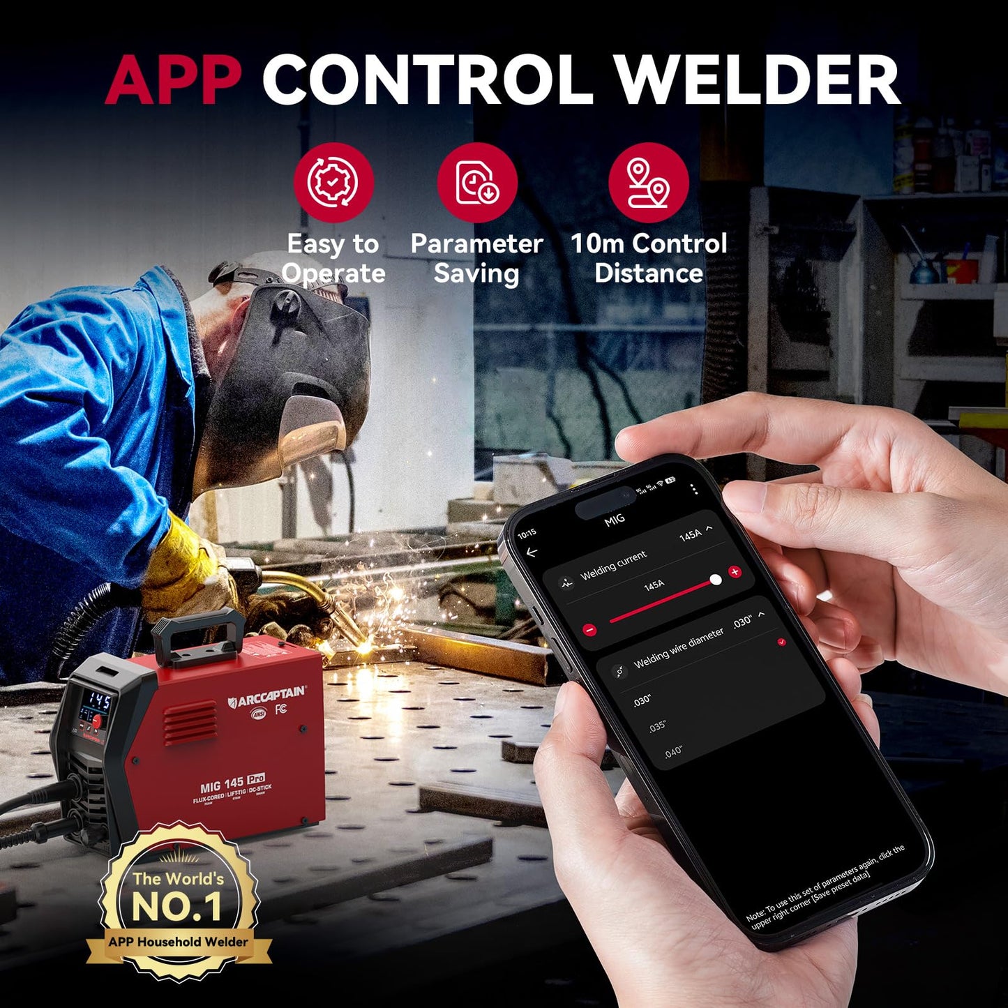 ARCCAPTAIN iControl MIG145 Pro 145A Flux Core MIG Welder 120V Welding Machine Gasless MIG Welder Flux MIG/MMA Stick/Lift TIG, 3 in 1 Welder Machine with Synergy, Portable Welder, APP Control