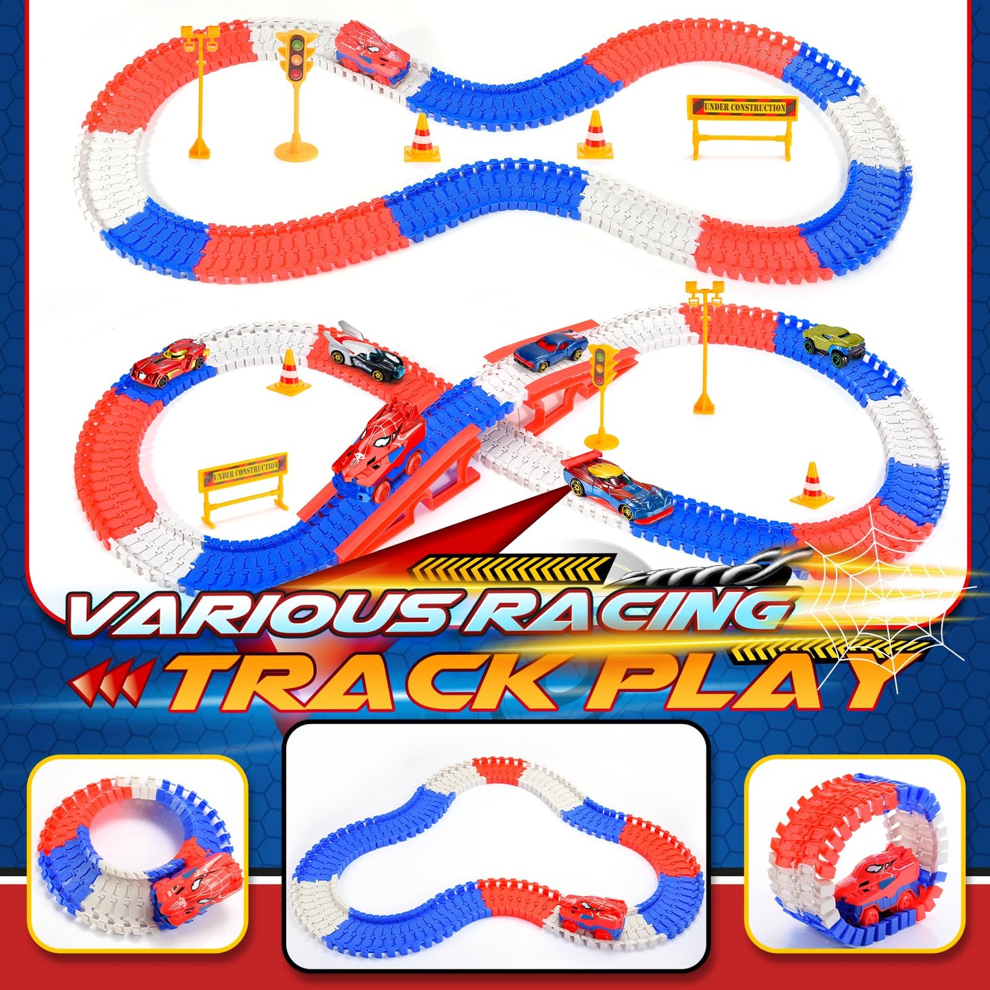 Aetyni Spider Toys for Boys 3-4: 251 PCS Spider Race Track with 5 Alloy Cars Toys for 3 4 5 6 Year Old Boys Car Tracks for Kids Toddler Boy Age 3-5 4-6 6-8 Birthday Gifts