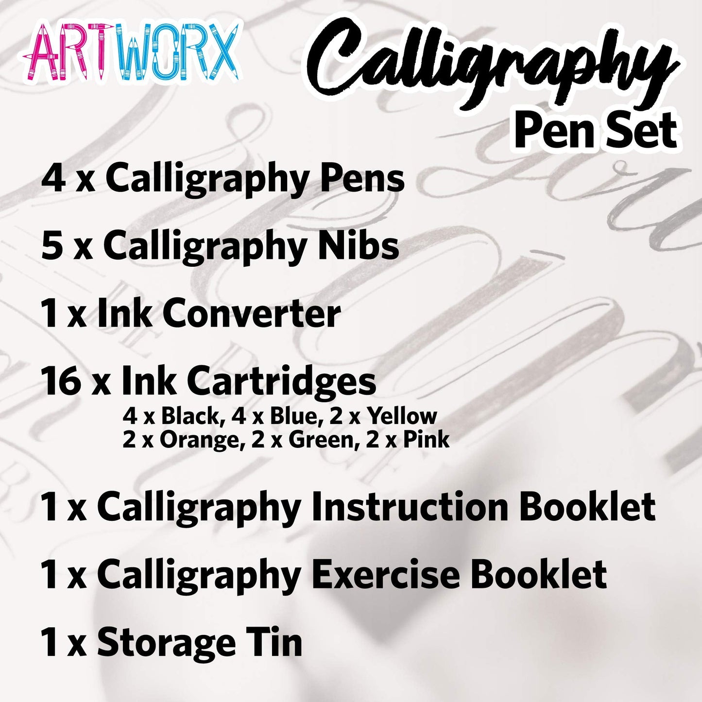 Artworx Calligraphy Pens Set - Introductory Caligraphy Writing & Hand Lettering Kit - Includes Instructions, Guide Book and Practice Book - Calligraphy Set For Beginners
