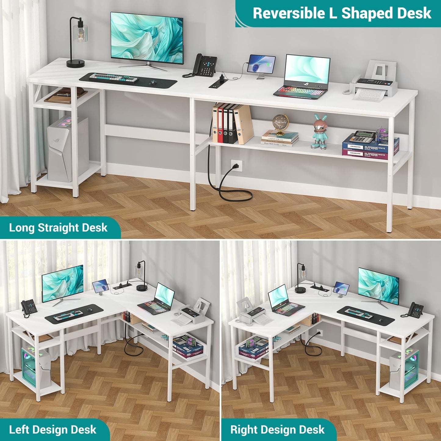 Hyomdeck Reversible L Shaped Gaming Desk with Power Outlets and USB Charging Ports, Sturdy Computer Desks with Storage Shelf, Modern Corner Desk Home Office Table, Easy to Assemble, White