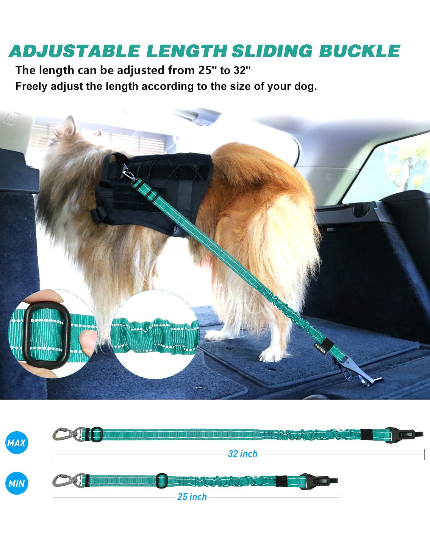 AUBELL Dog Seat Belt for Car,2 Pack Set 3-in-1 Adjustable Reflective Bungee Heavy Duty Dog Car Harness Tether with Clip Hook Latch & Buckle,Swivel Zinc Alloy Carabiner,Black+Teal