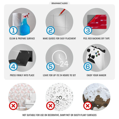 BRAINWAVZ Game Controller Holder Wall Mount Stand (4 Pack) For XBOX, PS5, SERIES X, ONE, PS4, PS3, SWITCH, NINTENDO, PC & MORE, Fits Latest & Retro Gamepads, Stick On, Easy To Install, UGC1