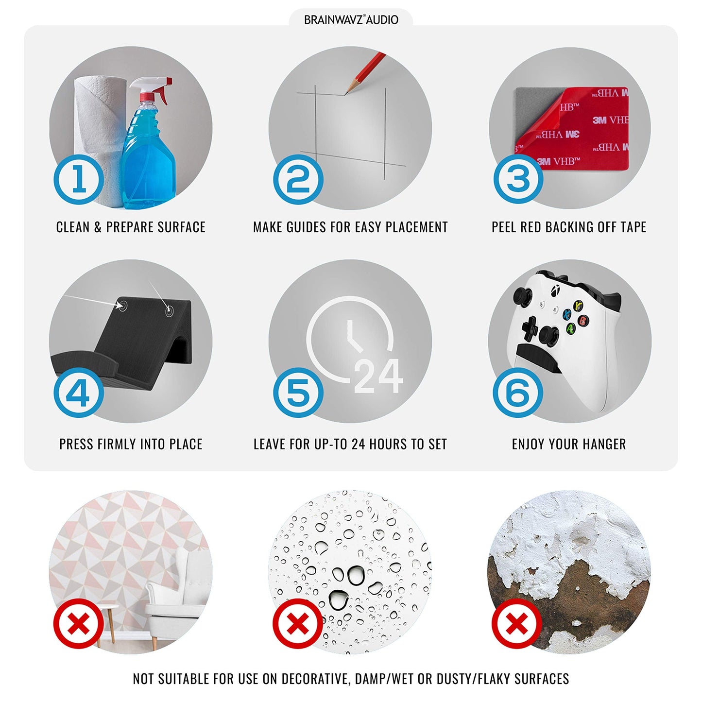 BRAINWAVZ Game Controller Holder Wall Mount Stand (2 Pack) For XBOX, PS5, SERIES X, ONE, PS4, PS3, SWITCH, NINTENDO, PC & MORE, Fits Latest & Retro Gamepads, Stick On, Easy To Install, UGC1