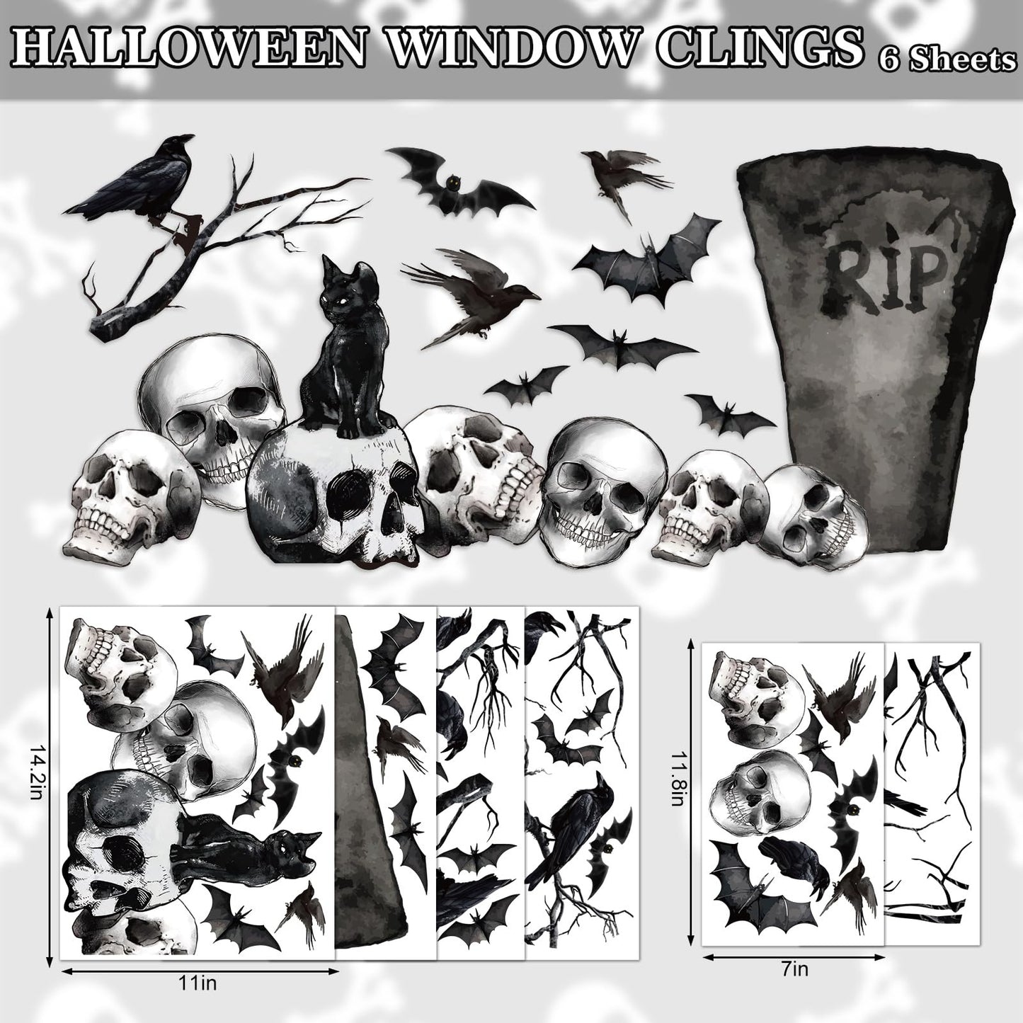 Whaline 6 Sheets Halloween Window Clings Graveyard Black Crow Bat Skull Reusable Window Decals for Gothic Party House Office School Home Glass Decor
