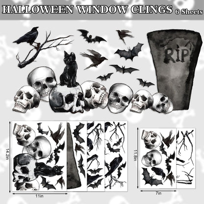 Whaline 6 Sheets Halloween Window Clings Graveyard Black Crow Bat Skull Reusable Window Decals for Gothic Party House Office School Home Glass Decor