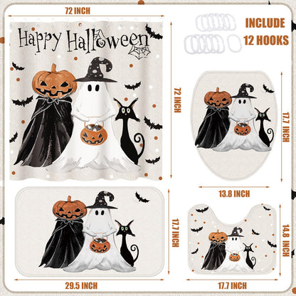 4 Pcs Halloween Ghost Shower Curtain Set 72" Halloween Bathroom Decor Set with 12 Hooks Non Slip Rug Toilet Lid Cover and Bath Waterproof Mat Restroom Shower Accessories Haunted Spooky House Decor