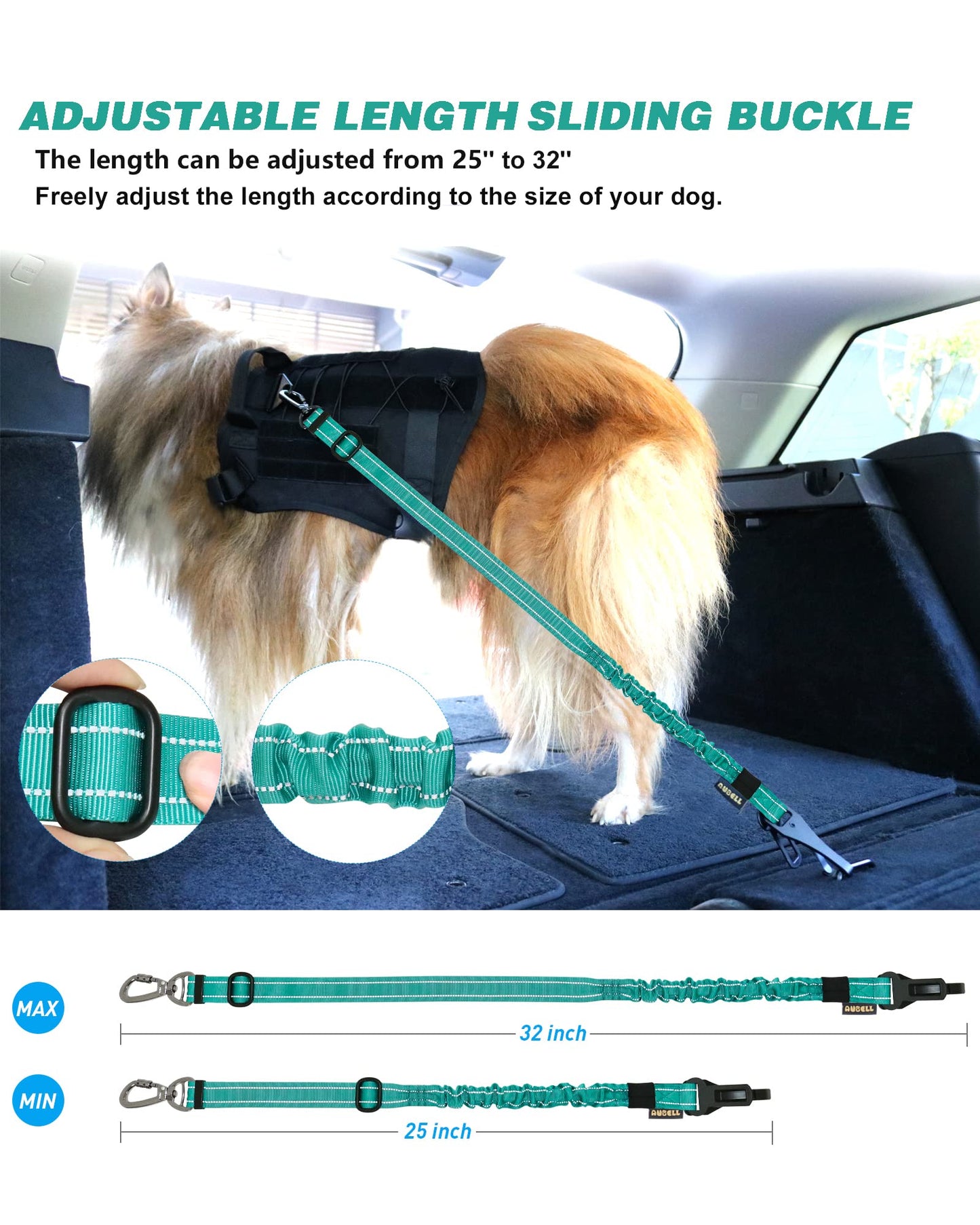 AUBELL Dog Seat Belt for Car,Updated 3-in-1 Adjustable Reflective Bungee Heavy Duty Dog Car Harness Tether with Clip Hook Latch & Buckle,Swivel Zinc Alloy Carabiner,Teal