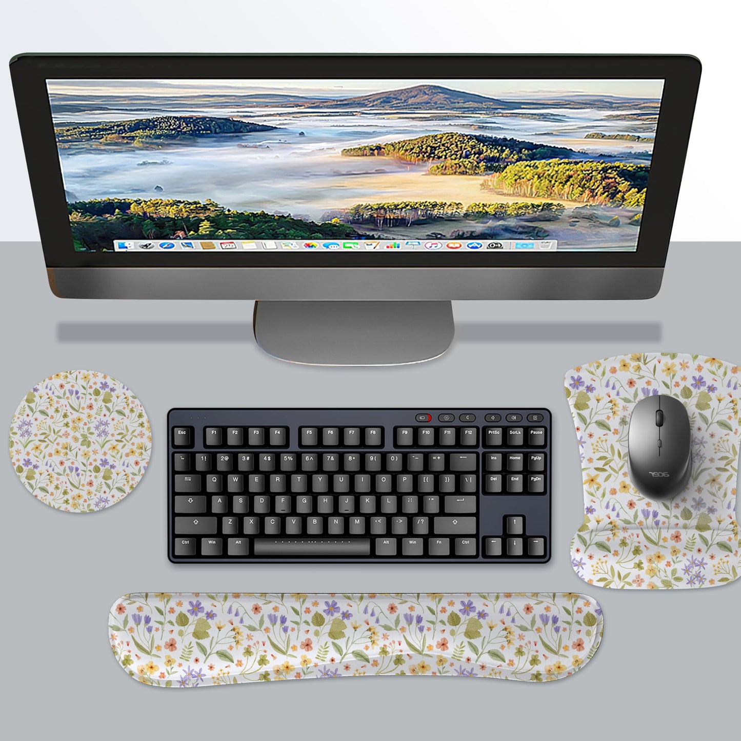 AUPET Mouse Pad Keyboard Wrist Rest Set,Ergonomic Memory Foam Mouse Pads Wrist Support Set,Non-Slip Base, Smooth Surface, Pain Relief for Gaming,Office (Pressed Flower Art)