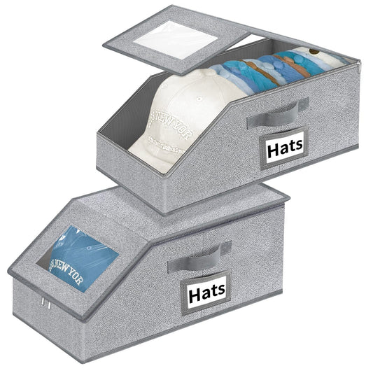Hat Organizer for Baseball Caps - 2PCS Stackable Cap Storage with Clear Lid, Drawer & Flip-Top Access, Space-Saving Hats Box for Closet, Breathable Fabric, Grey