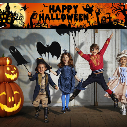 Avezano Happy Halloween Banner Large 98.4 x19.6 Inch Yard Sign Banner Black and Orange Halloween Party Decorations Welcome Hanging Flag Outdoor Fence Garage Garden Porch Holiday Backdrop