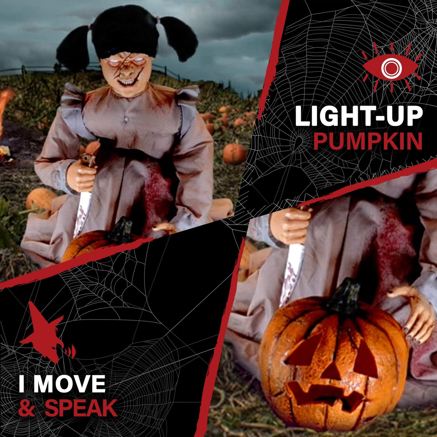 Haunted Hill Farm Lunging Pumpkin Carver Zombie Girl by Tekky, Motion-Activated Talking Halloween Animatronic for Indoor or Covered Outdoor Creepy Halloween Decorations, Plug-in or Battery Operated