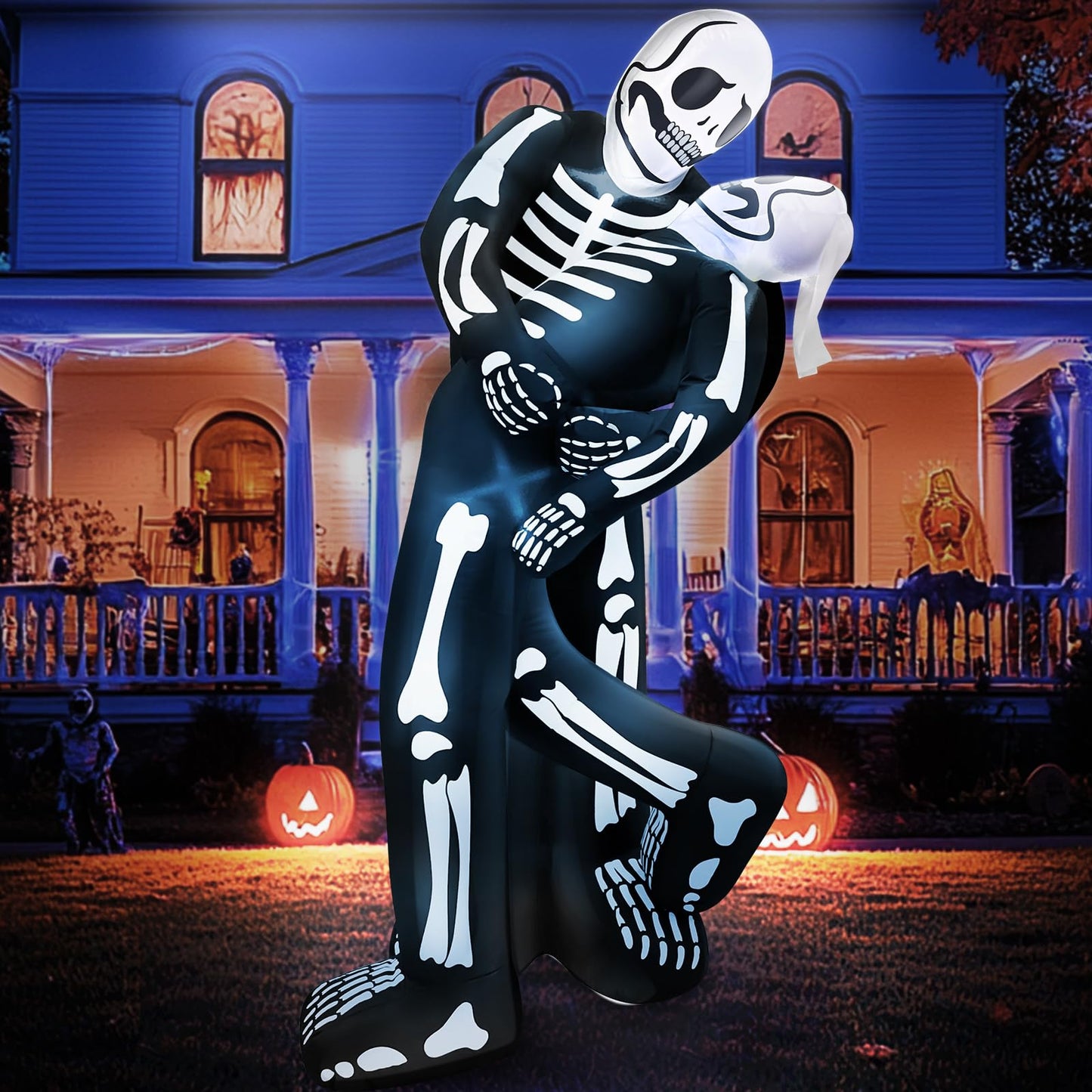 6 Ft Halloween Inflatable Skeleton Couple Embrace Kiss Outdoor Decoration with LED Lights, Day of The Dead Blow Up Skull Yard Decor Halloween Skeletons Inflatable for Holiday Party, Garden, Lawn