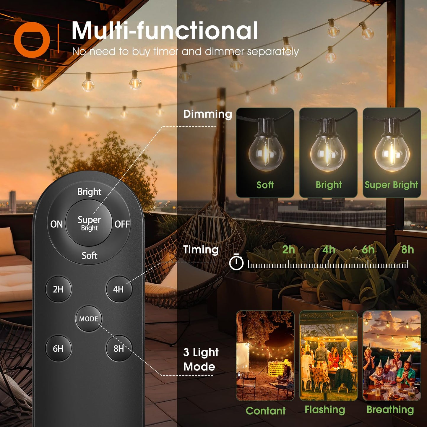 addlon 100FT Solar String Lights Outdoor with Remote, 54 LED Shatterproof Bulbs, Dimmable & Timable, 3 Light Modes, G40 Waterproof Solar String Lights for Outside Backyard Party Decor