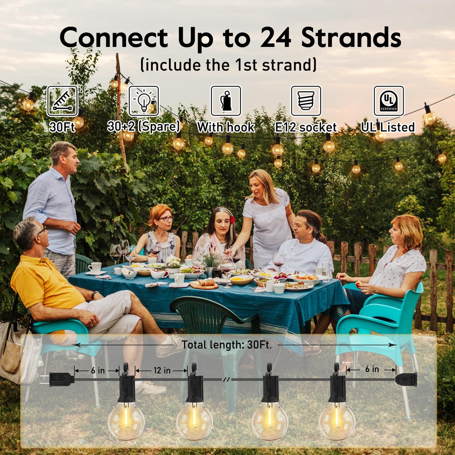 Brightown Outdoor String Lights - Waterproof Globe Patio Lights 30 Ft with 30 G40 Shatterproof LED Bulbs, Connectable Commercial Hanging Light for Backyard, Bistro, Porch, Cafe, Deck, Garden