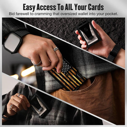 HIESGIE Minimalist Wallet for Men, Wood Grain American Flag, Mens USA Gifts, Metal Card Holder with Money Clip, Slim Front Pocket Wallet