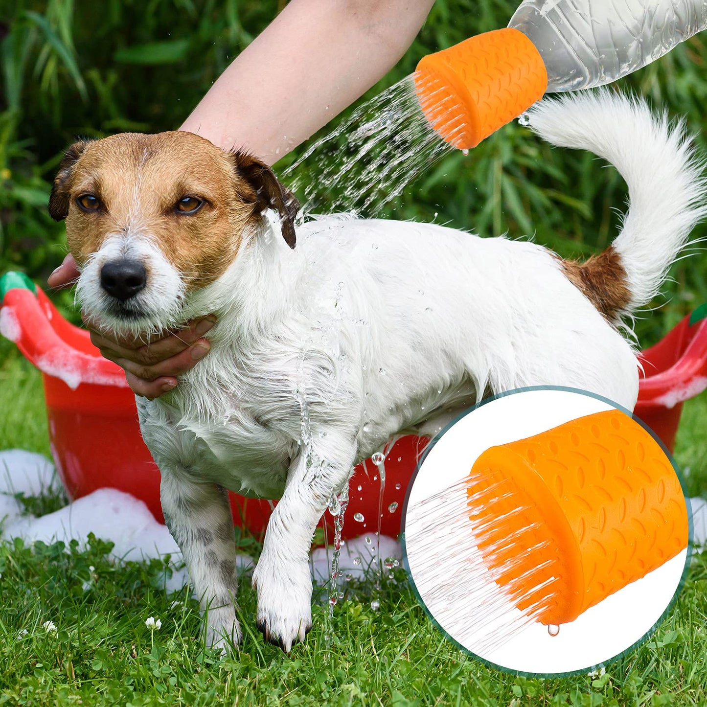 3 Pieces Portable Outdoor Shower for Dogs, Bottle Attachment Outdoor Water Sprayer Accessory, Works with Most Plastic Water or Soda Bottles from 16 oz to 2 Liters (Sky Blue, Light Green, Orange)