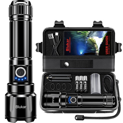 Blukar Rechargeable Flashlight High Lumens, Super Bright LED Powerful Tactical Torch - 5 Light Modes, Zoomable, Long Lasting, Waterproof Handheld Flash Light for Emergency, Camping, Hiking