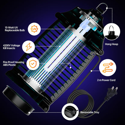 Bug Zapper Indoor, Fly Zappers Electric Mosquitoes Insect Gant Fruit Flies Moth Traps with 4200V for Home Living Room Bedroom Kitchen Backyard Patio Garage Office Camping