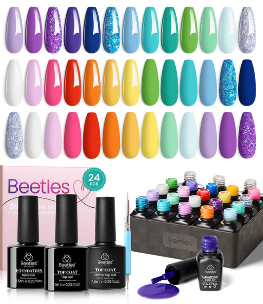 Beetles Halloween Gel Nail Polish Set, 24 Pcs Purple Blue Hot Red Gel Nail Polish Green Glitter Gel Polish Unicorn Collection Soak off UV with Glossy & Matte Top Base Gift for Women
