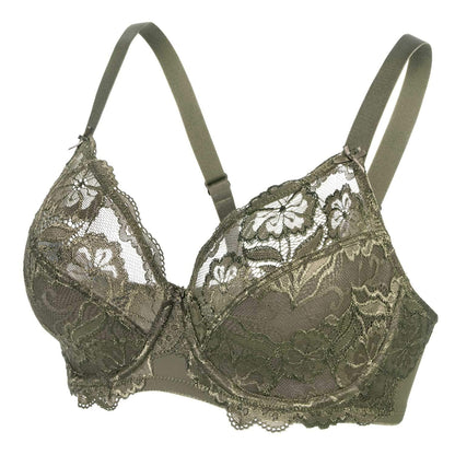 CALVENA Women's Lace Bra Full Coverage Non Padded Underwired Unlined Plus Size Bra for Everyday Comfort Camouflage 34DD