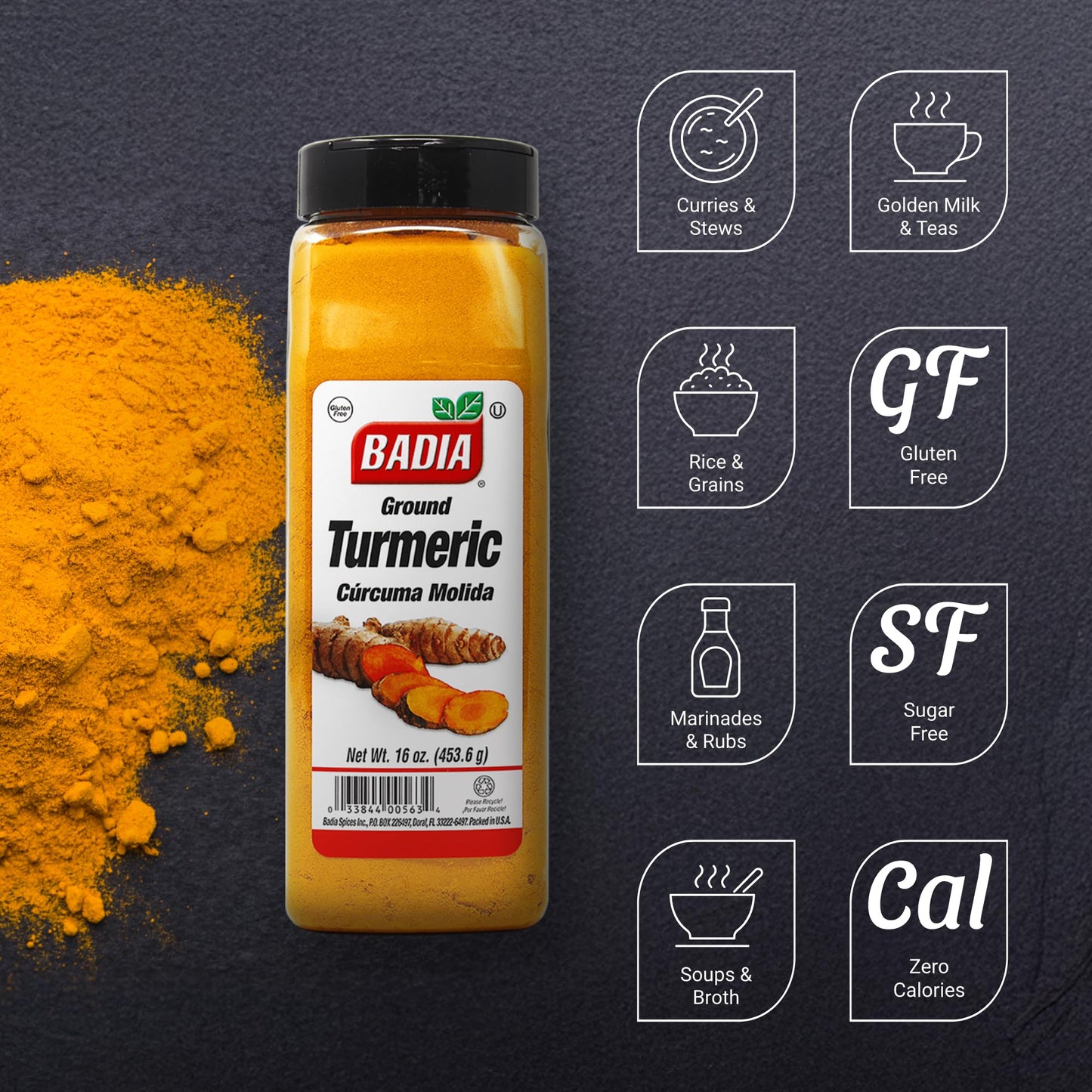 Badia Ground Turmeric Powder, 16 oz - Premium Curcuma Seasoning for Cooking, Golden Flavor & Rich Aroma
