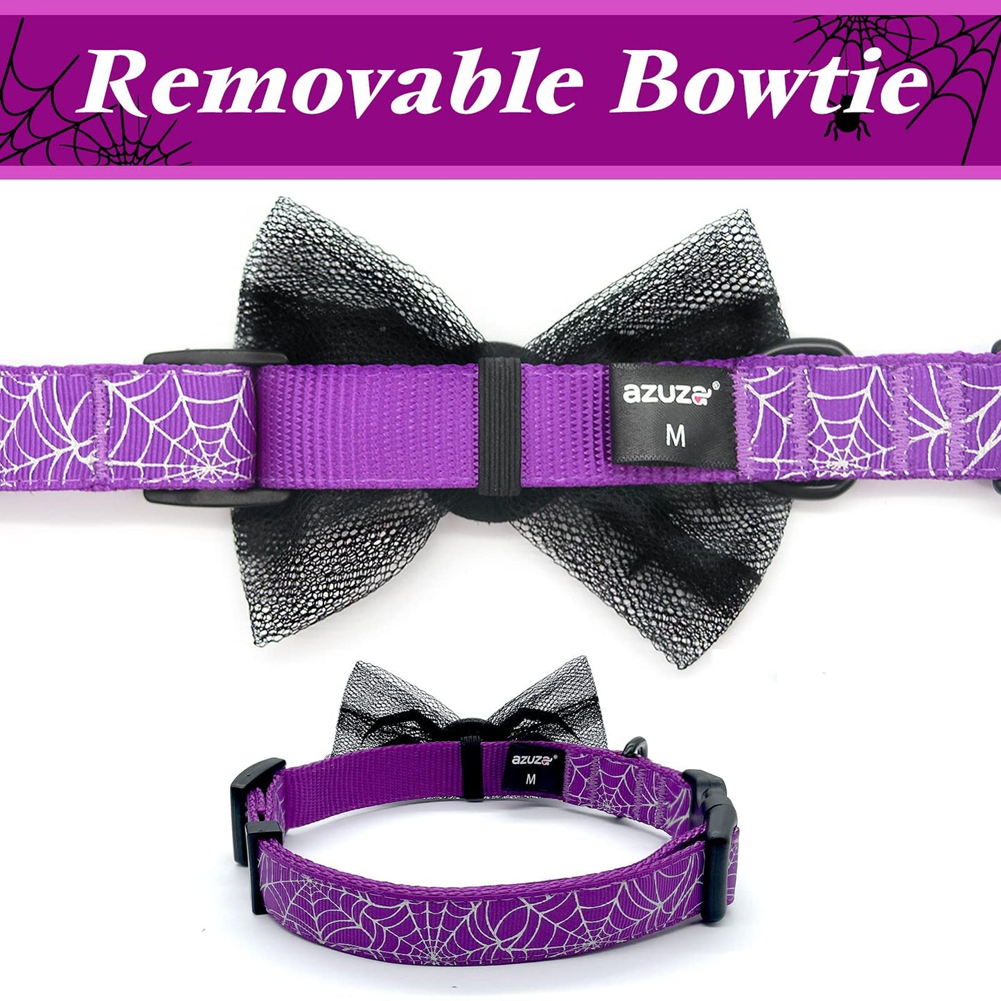 azuza Halloween Dog Collars with Bow Cute Sequined Spider Purple Dog Collar with Lace Bow tie Gifts on Halloween for Medium Dogs