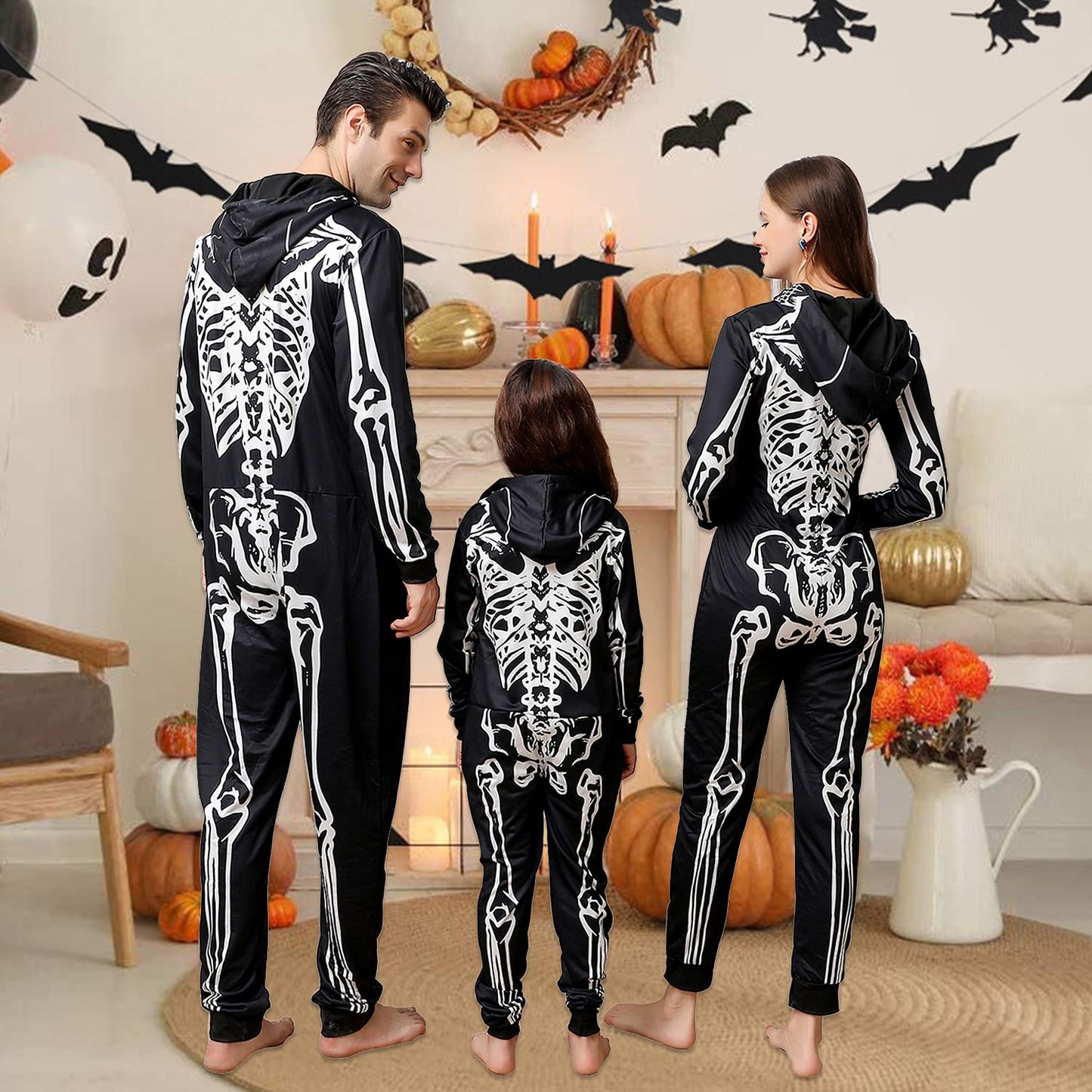 ANGELGGH Family Matching Halloween Onesie Pajamas, Funny Skeleton Printed Hooded Zippered PJs Holiday Loungewear for Men/Women (Men, M, Skull)