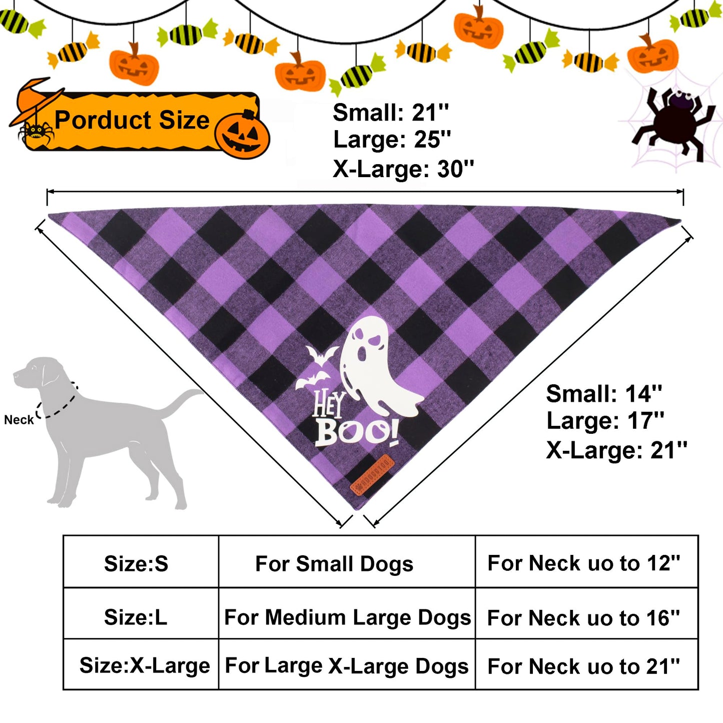 ADOGGYGO Halloween Dog Bandana Reflective Trick or Treat Boo Scarf Orange Purple Plaid Halloween Bandanas for Medium Large Dogs Pets (Large)