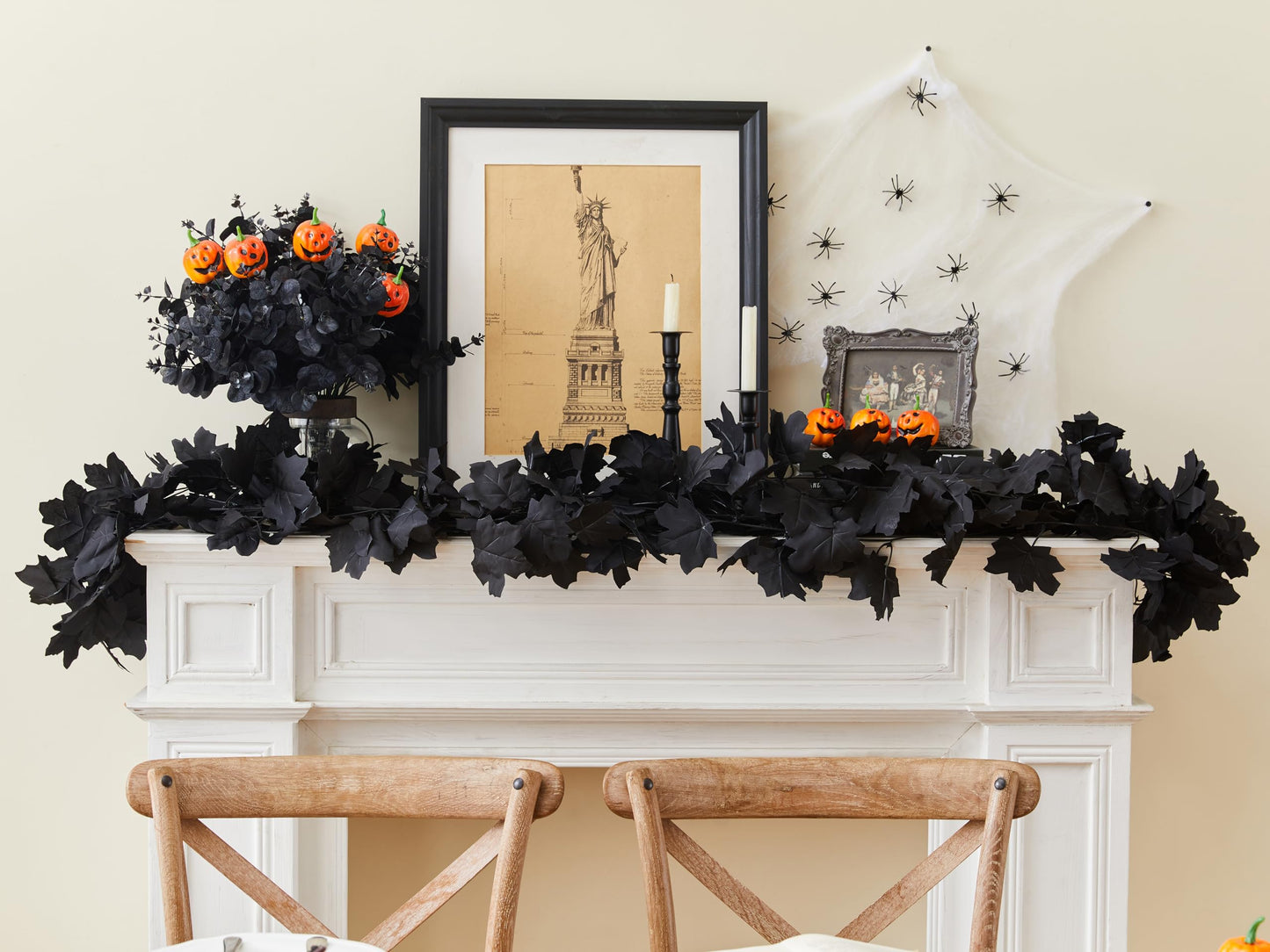 AWARDSEN 13 FT Black Garland Halloween 2pcs Artificial Black Maple Leaf Garlands Fall Leaves Vines for Autumn Thankgiving Halloween Decoration for Home