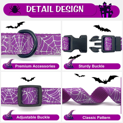 azuza Halloween Dog Collars with Bow Cute Sequined Spider Purple Dog Collar with Lace Bow tie Gifts on Halloween for Medium Dogs