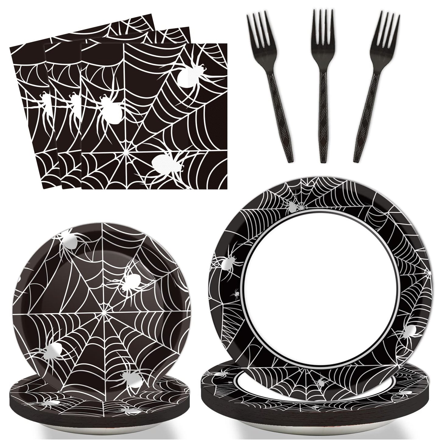 96 Pcs Halloween Party Paper Plates Napkins Supplies Set Spider Web Disposable Tableware Decorations Get Together Celebration Halloween Birthday Party Favors for 24 Guests