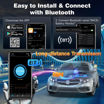 ANCEL BM300 12V Battery Monitor, Bluetooth 4.0 Automotive Voltmeter with Charging, Cranking System Test & Alarm - Compatible for Solar Power Systems, RVs, Motorcycles, Boats, Cars, and Trucks