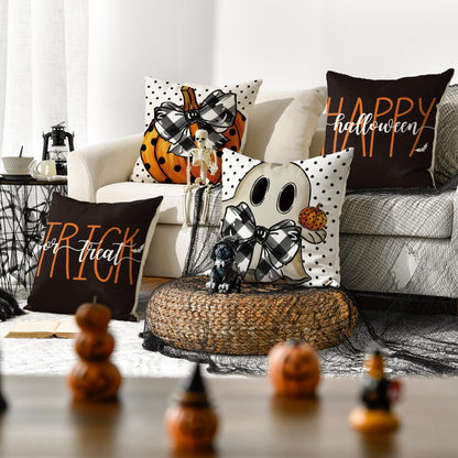 AVOIN colorlife Happy Halloween Cute Ghost Trick or Treat Throw Pillow Covers, 18 x 18 Inch Polka Dot Pumpkin Bat Cushion Case for Sofa Couch Set of 4, Black