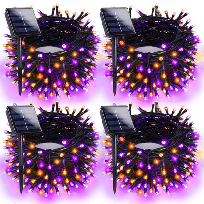 4pk Orange and Purple Solar Halloween Lights Outdoor Waterproof, 400LED 132FT Solar Powered LED String Lights Black Wire with 8 Modes, Solar Fairy Lights for Halloween Horror Party Tree Wedding Decor