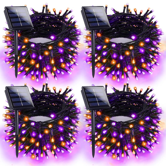 4pk Orange and Purple Solar Halloween Lights Outdoor Waterproof, 400LED 132FT Solar Powered LED String Lights Black Wire with 8 Modes, Solar Fairy Lights for Halloween Horror Party Tree Wedding Decor