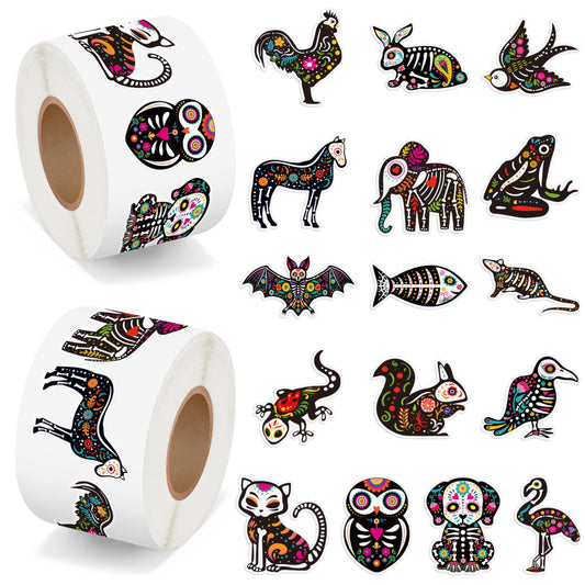 BeYumi Skeleton Animal Roll Stickers - 1000Pcs Day of The Dead Skeleton Animal Stickers in 2 Rolls Dia de Los Muertos Decals for Kids Halloween Mexican Festival Party Supplies Goodie Bags Box Decor