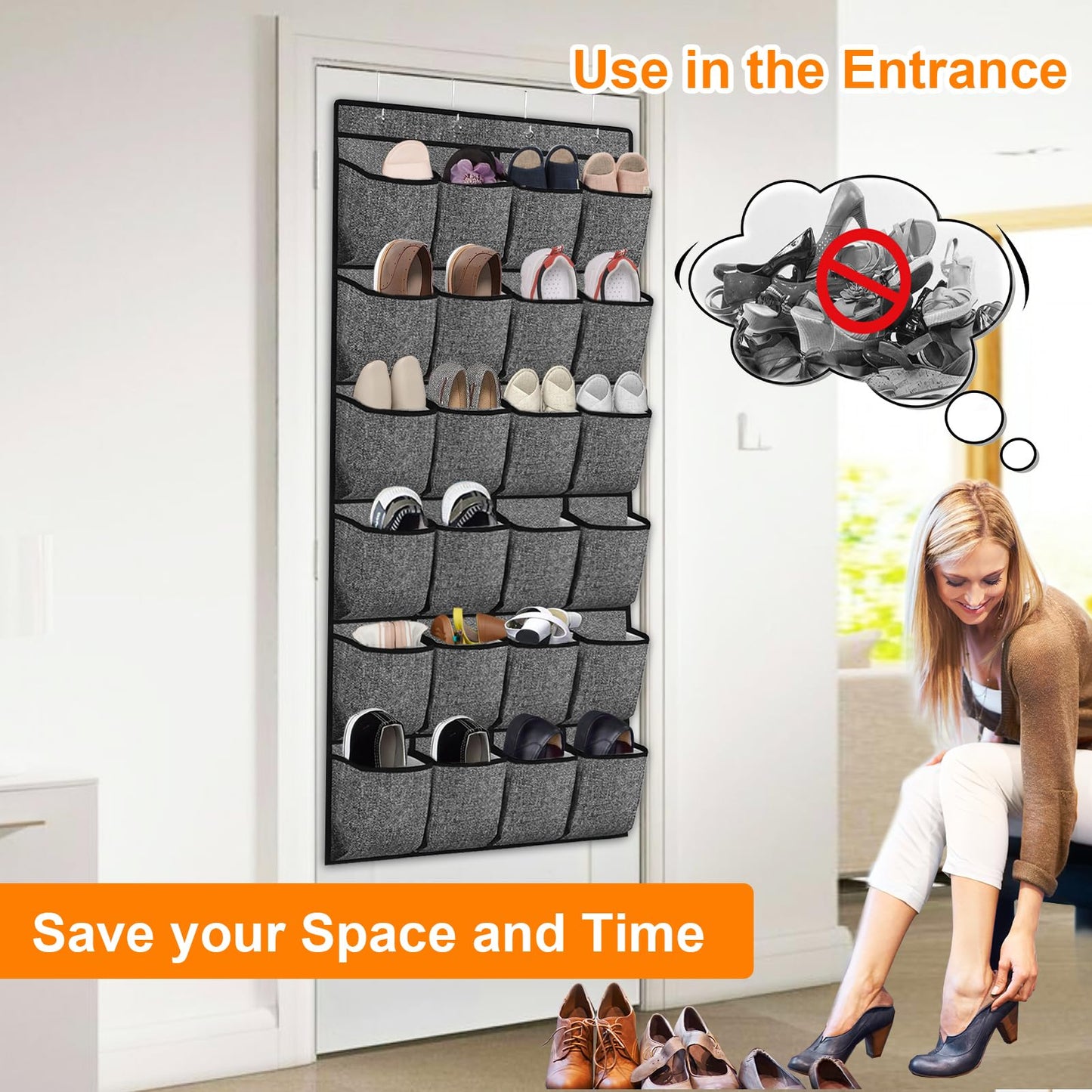 homyfort Over the Door Shoe Organizer, Hanging Shoe Rack Storage Holder with 24 Large Pockets for Closet Door, Men Women Kids Shoes, Cruise (Black)