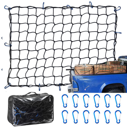 Amiss 3' x4' Stretches to 6' x 8' Truck Cargo Net, Roof Rack Cargo Net for Pickup Trucks SUV, Heavy Duty Truck Bed Cargo Bungee Net with 12 Blue Clips and Storage Bag， Car Exterior Accessories